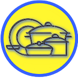 https://posudy.com.ua logo geel achtergrong met blauwe boord met in centre van het ronde logo een bord en pan met 3 kookpotten